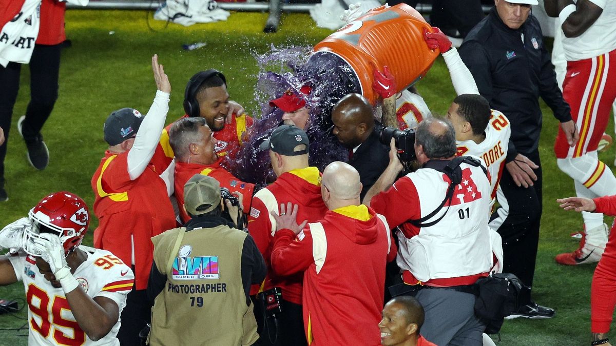 2023 Super Bowl Gatorade Color Andy Reid Doused in Purple Gatorade