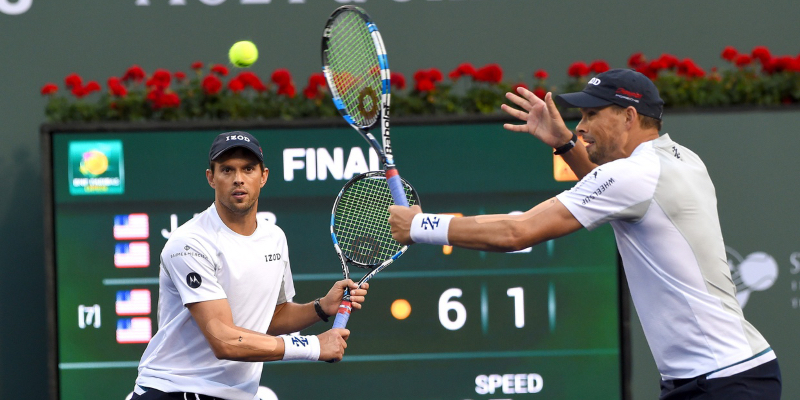 Mike and Bob Bryan (USA) during the doubles final match against John Isner and Jack Sock (not pictured) in the BNP Paribas Open at the Indian Wells Tennis Garden.