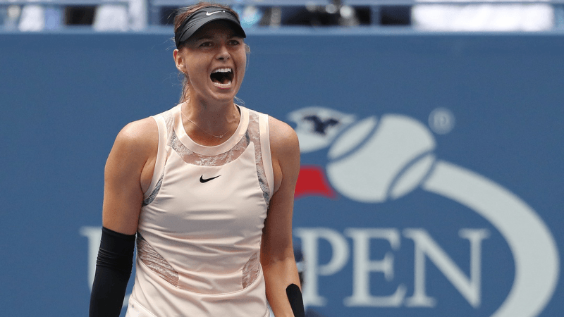 Maria Sharapova of Russia reacts after winning a point against Anastasija Sevastova of Latvia (not pictured) on day seven of the U.S. Open tennis tournament at USTA Billie Jean King National Tennis Center.