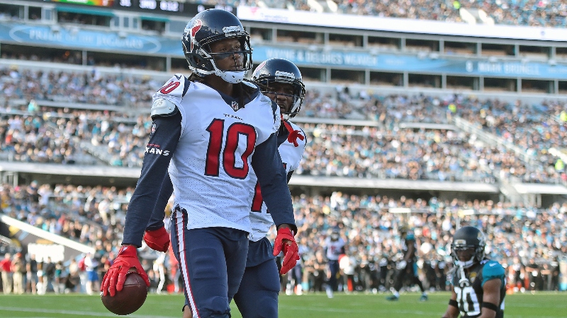 Houston Texans wide receiver DeAndre Hopkins (10) reacts after scoring a touchdown against the Jacksonville Jaguars during the second half at EverBank Field.
