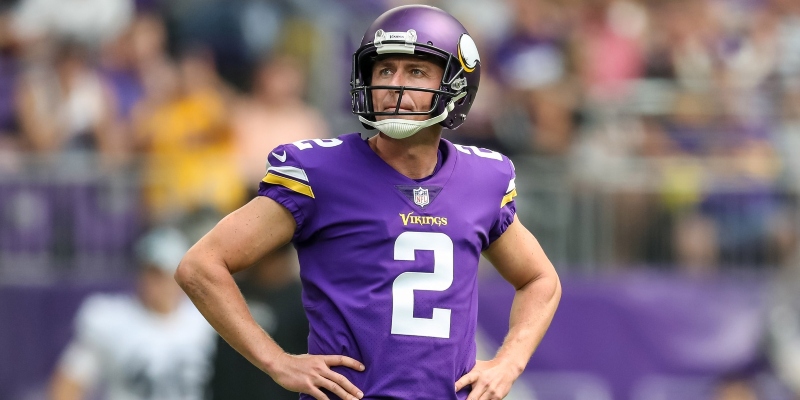 Minnesota Vikings kicker Kai Forbath (2) reacts to missing a field goal during the second quarter against Jacksonville Jaguars at U.S. Bank Stadium.