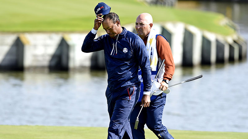 tiger woods looking disappointed at the Ryder cup