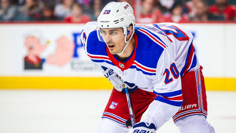 New York Rangers left wing Chris Kreider (20) during the face off against the Calgary Flames during the first period at Scotiabank Saddledome.