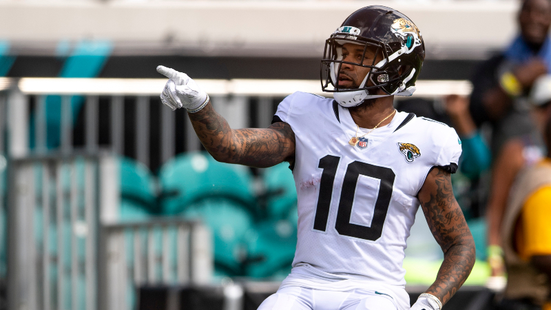 Jacksonville Jaguars wide receiver Donte Moncrief (10) celebrates after scoring a touchdown against the New York Jets during the second half at TIAA Bank Field.