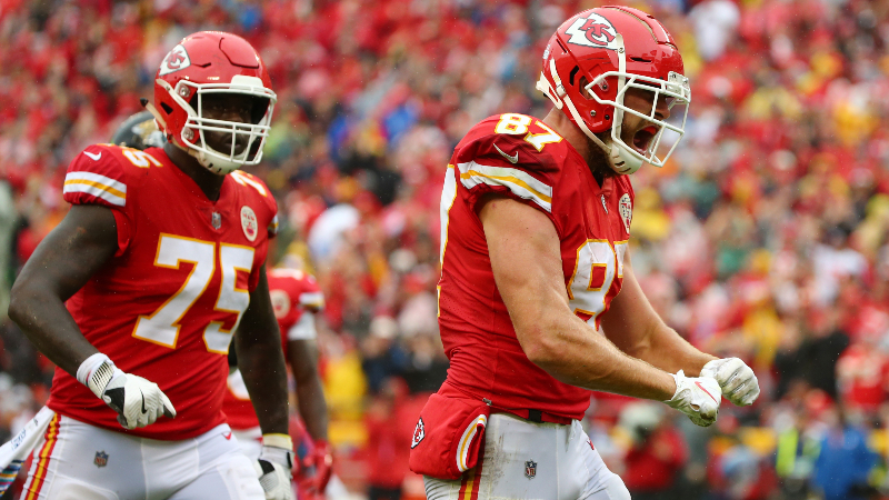 Kansas City Chiefs tight end Travis Kelce (87) celebrates after a play against the Jacksonville Jaguars in the first half at Arrowhead Stadium.