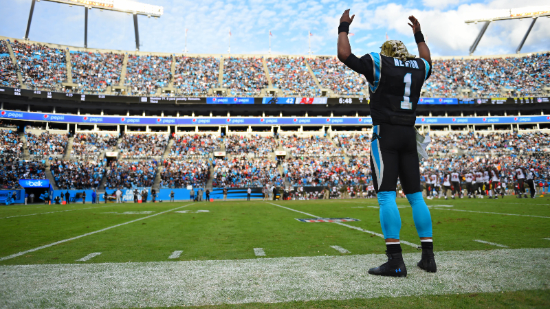 Carolina Panthers quarterback Cam Newton (1) on the sidelines in the fourth quarter at Bank of America Stadium.