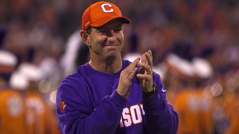 Clemson Tigers head coach Dabo Swinney on the field during senior day recognition prior to the game against the Duke Blue Devils at Clemson Memorial Stadium.