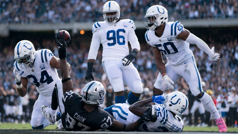 Oakland Raiders tight end Jared Cook (87) celebrates after scoring a touchdown against the Indianapolis Colts during the second quarter at Oakland Coliseum.