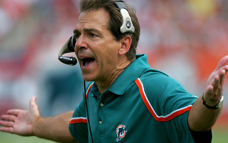 Nick Saban screaming as Dolphins head coach