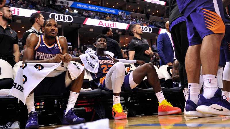 Phoenix Suns center Deandre Ayton (22) and Phoenix Suns forward Trevor Ariza (3) during the second half against the Memphis Grizzlies at FedExForum.