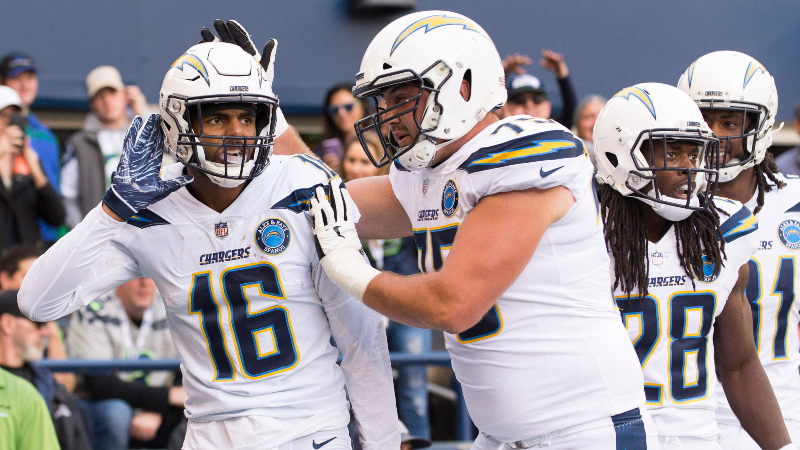 Los Angeles Chargers wide receiver Tyrell Williams (16) celebrates after scoring a touchdown against the Seattle Seahawks during the first half at CenturyLink Field.