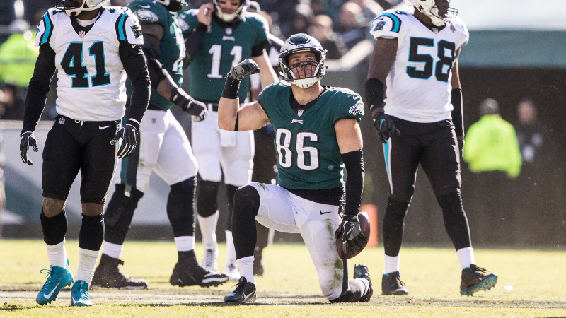 Philadelphia Eagles tight end Zach Ertz (86) reacts after a first down against the Carolina Panthers during the third quarter at Lincoln Financial Field.