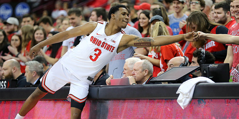 Ohio State Buckeyes guard C.J. Jackson (3) reacts with fans in the stands prior to the game against the Penn State Nittany Lions at Value City Arena.