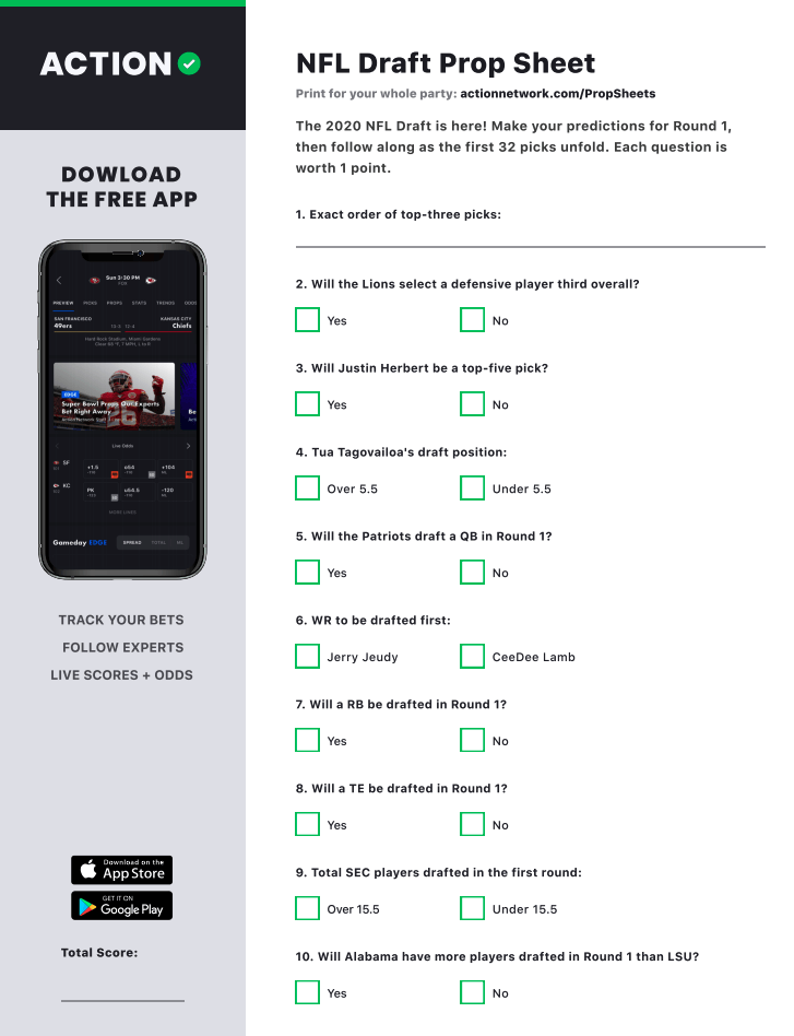 2020 Nfl Draft Prop Sheet Make Your First Round Pick Guesses With Our Printable Contest The Action Network