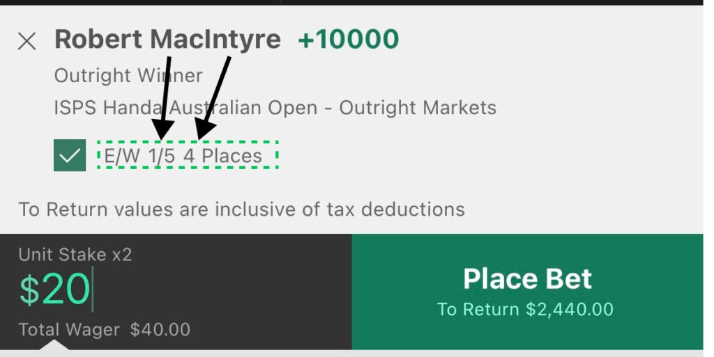 Each-Way Bet Example on bet365