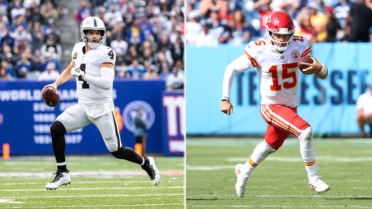Chiefs v. Raiders NFL Player Props: Patrick Mahomes, Derek Carr, Josh Jacobs Bets Are Most Popular For Sunday Night Football article feature image
