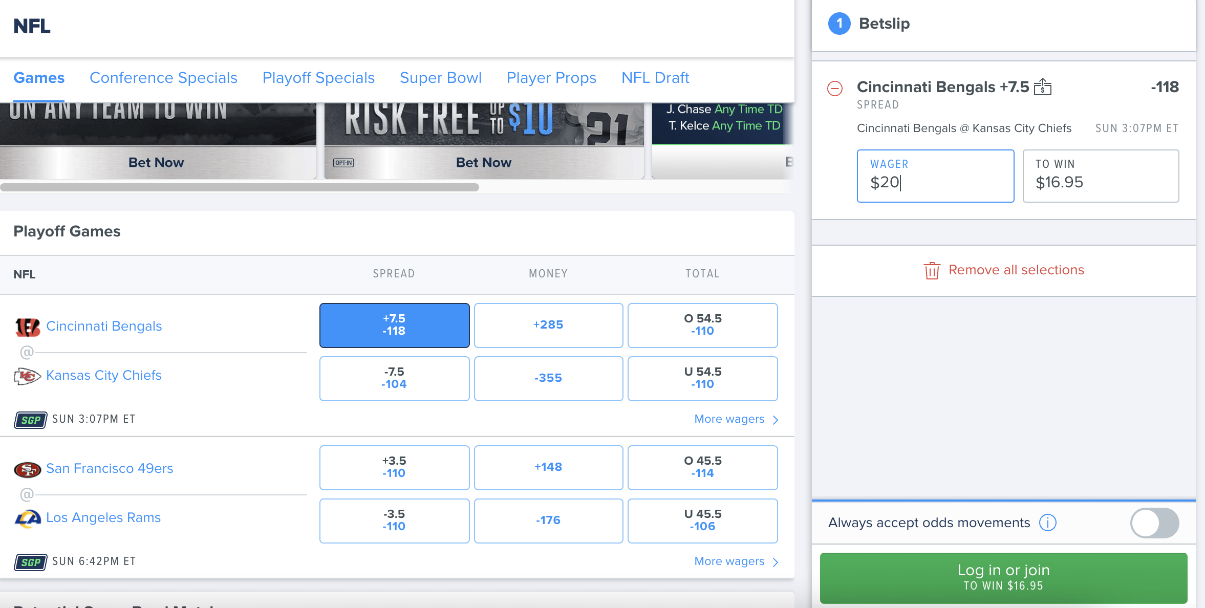 bengals point spread bet at fanduel screenshot
