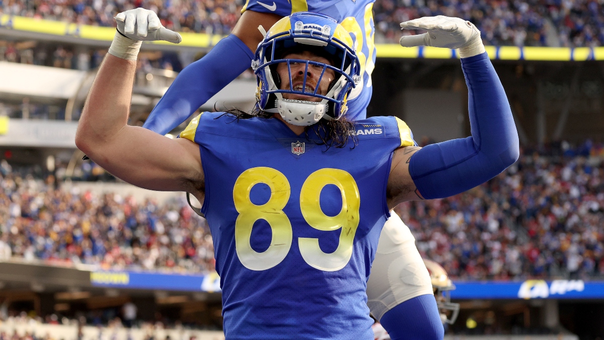 Tyler Higbee of the Los Angeles Rams celebrates after making a