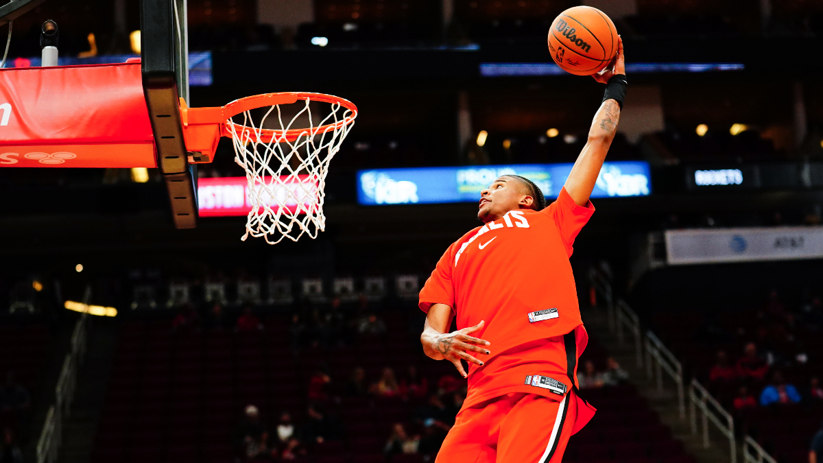 Houston Rockets' Jalen Green goes up for a slam during the dunk