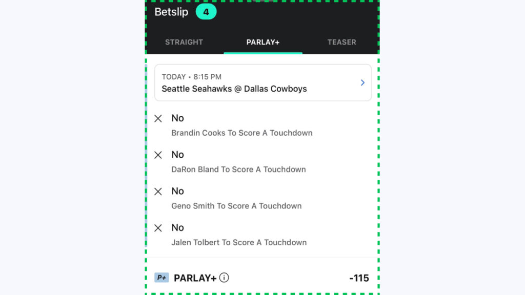 espn bet screenshot with a no touchdown parlay