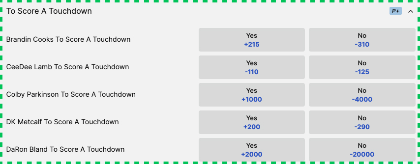 espn bet touchdown market screenshot