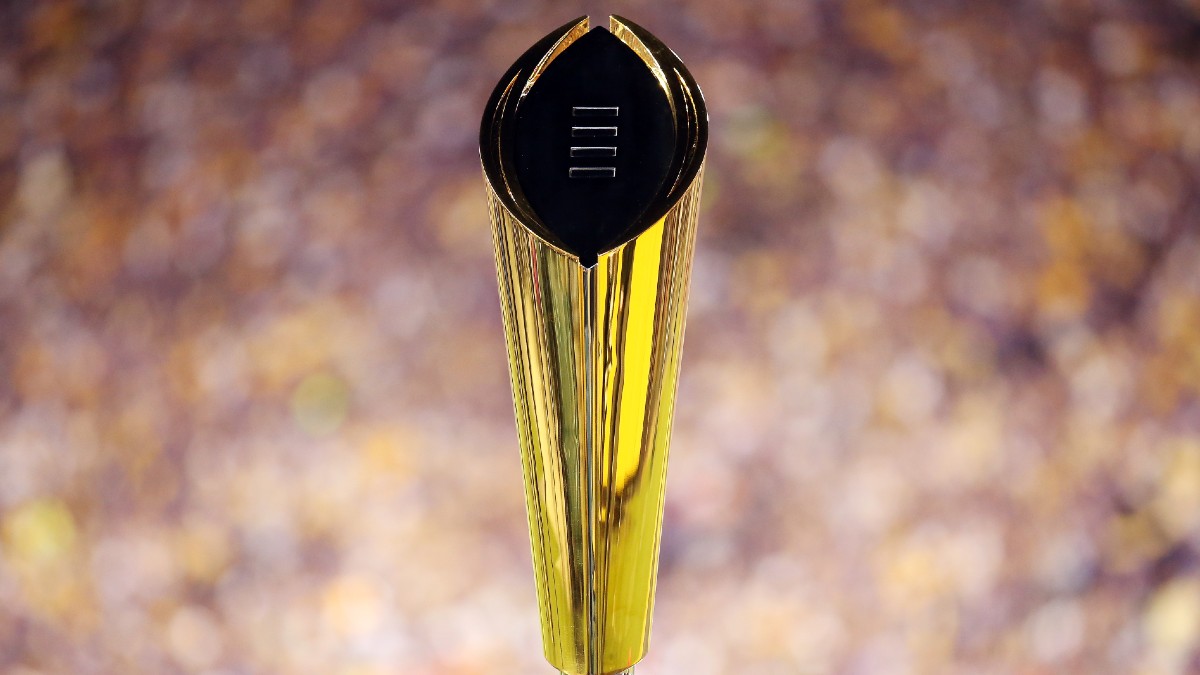 A close-up photo of the College Football Playoff National Championship trophy.