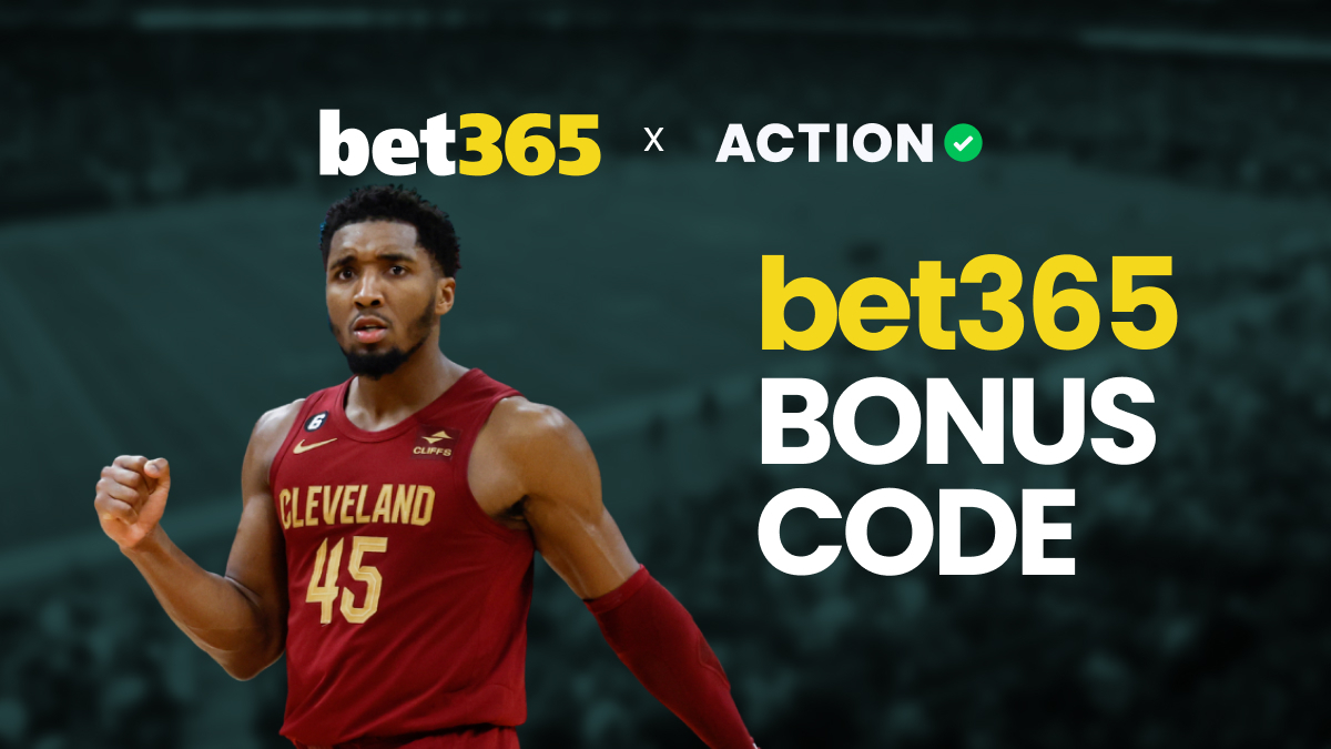 bet365 bonus code graphic with cavaliers guard donovan mitchell pumping his fist