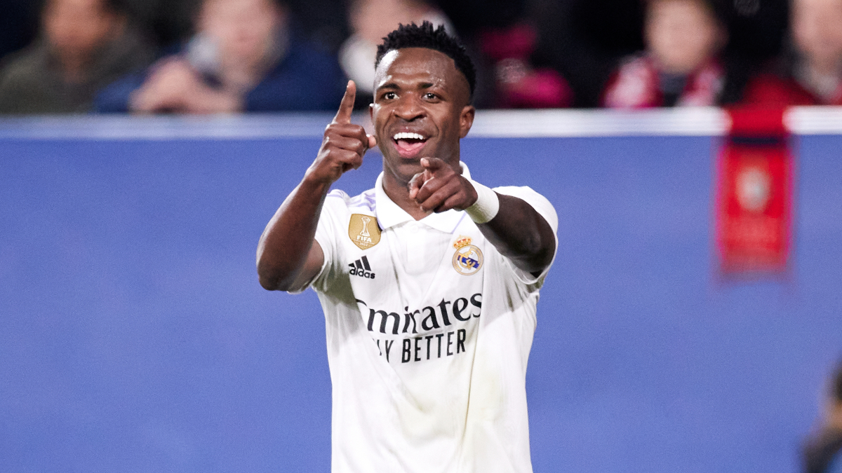 Real Madrid's Vinicius Jr. celebrating a goal against Liverpool in their UCL Round of 16 Leg 1 match