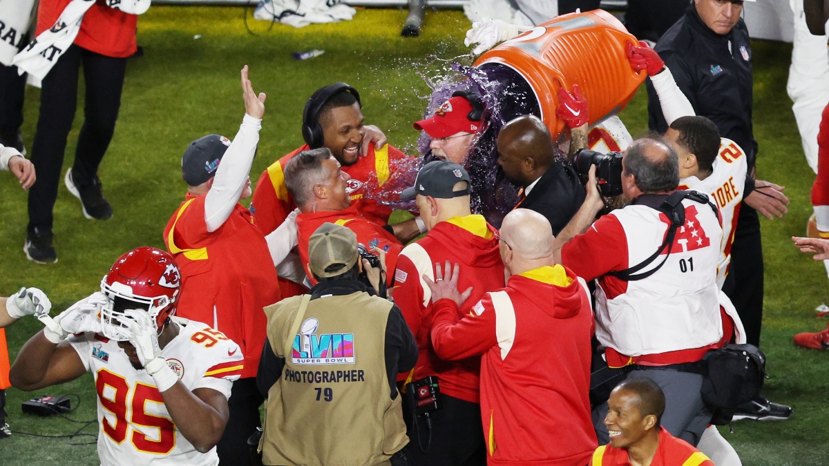 2023 Super Bowl Gatorade Color: Andy Reid Doused in Purple Gatorade