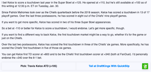 A screenshot of an Action Network article with a QuickSlip DraftKings link.