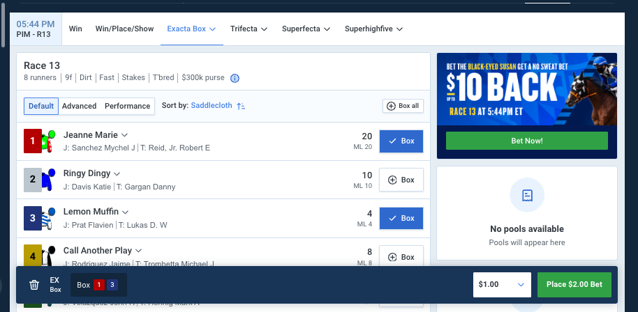 fanduel racing examples for exacta bet
