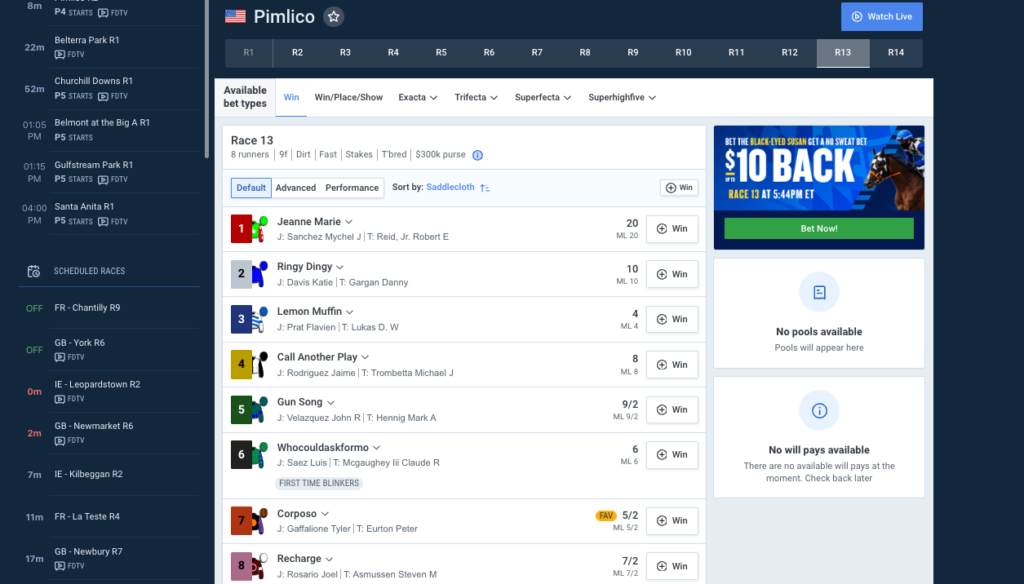 fanduel racing screenshot of 2024 black eyed susan odds