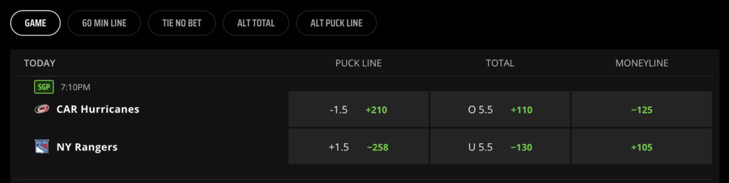 draftkings nhl puck line example with rangers and hurricanes