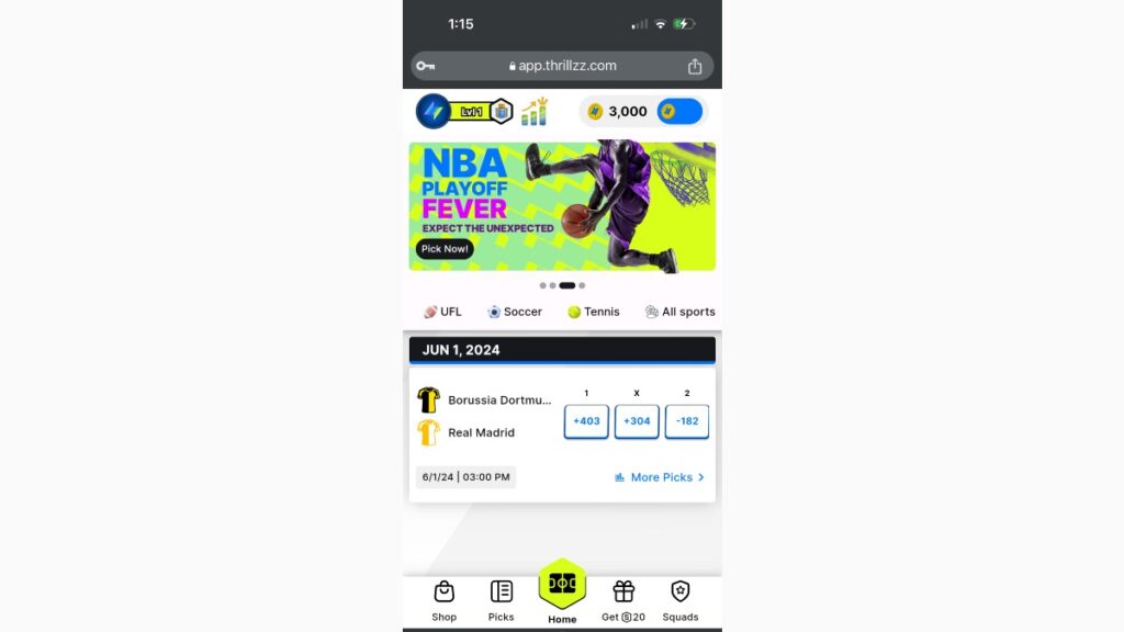 thrillzz sportsbook home screen for champions league final