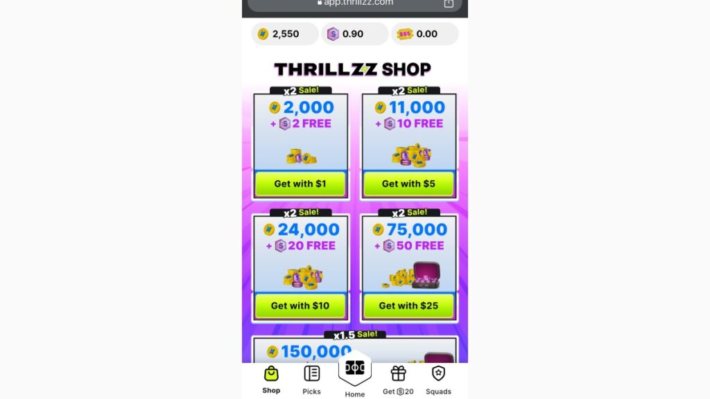 thrillzz purchase screen