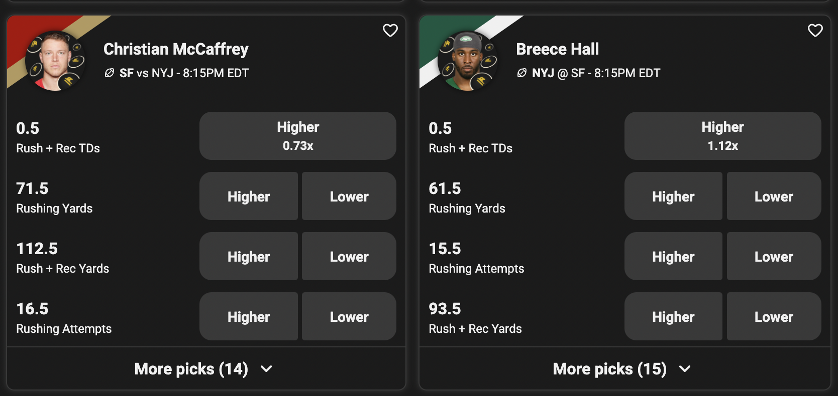 Here is a look at two markets for Jets vs. 49ers when you use the Underdog Fantasy promo code ACTION.
