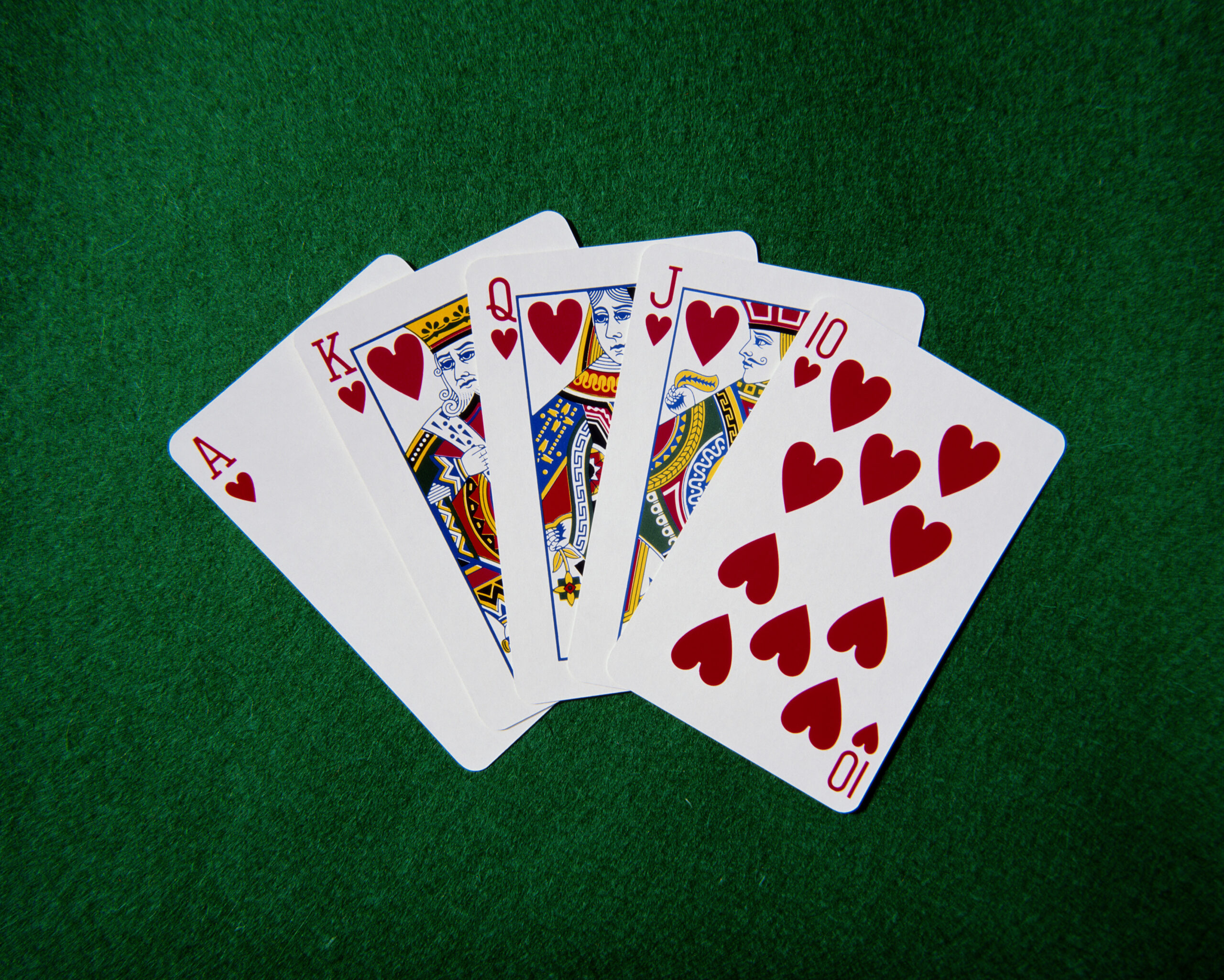 a royal flush in poker is a hand with an ace, king, queen, jack, and 10, all in the same suit.