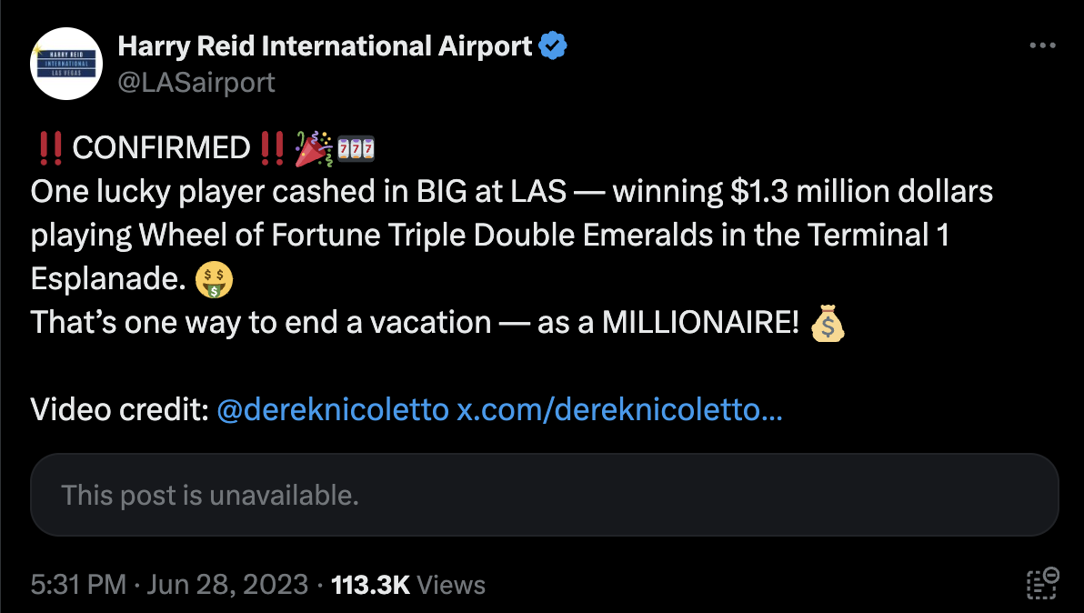 a huge slot machine jackpot winner at the Las Vegas airport