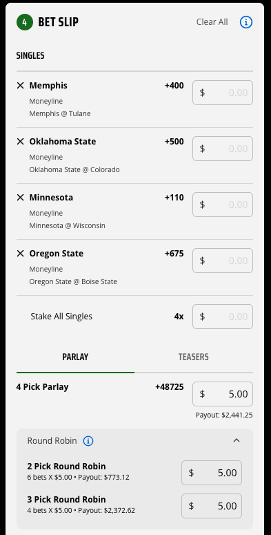 draftkings round robin example for college football with memphis, OK state, and more teams
