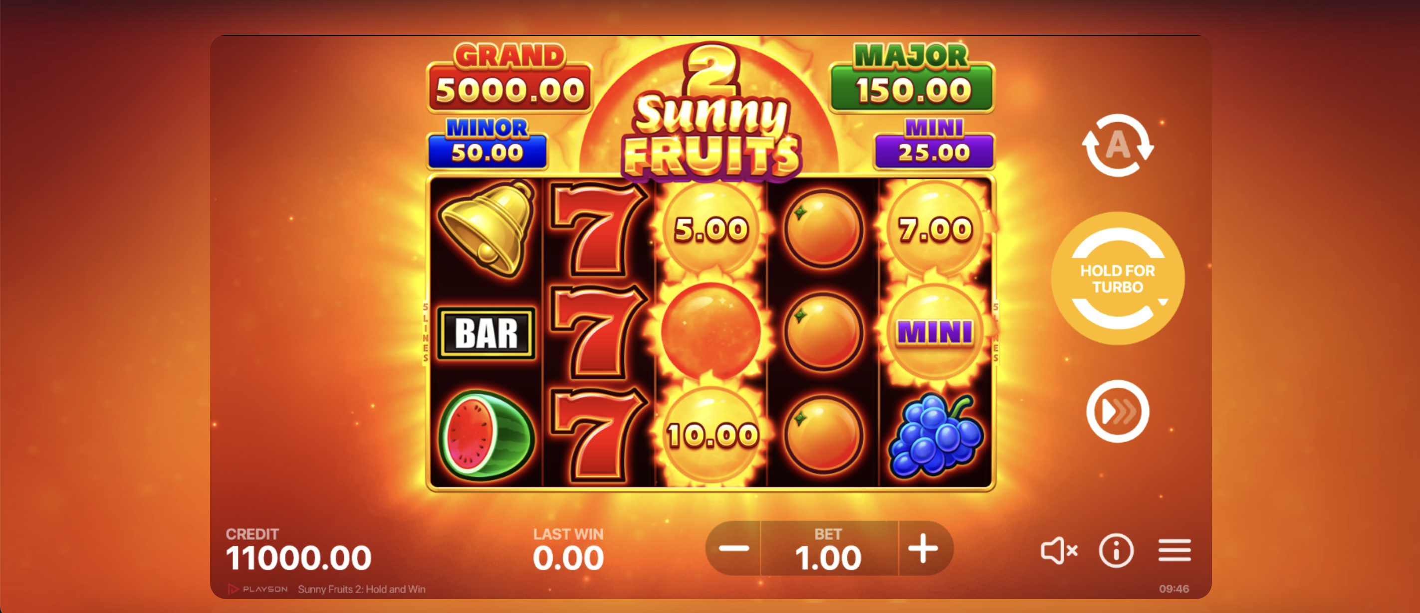 This screenshot of Sunny Fruits 2: Hold And Win shows why it's one of the best sunny themed sweepstakes casino games. 