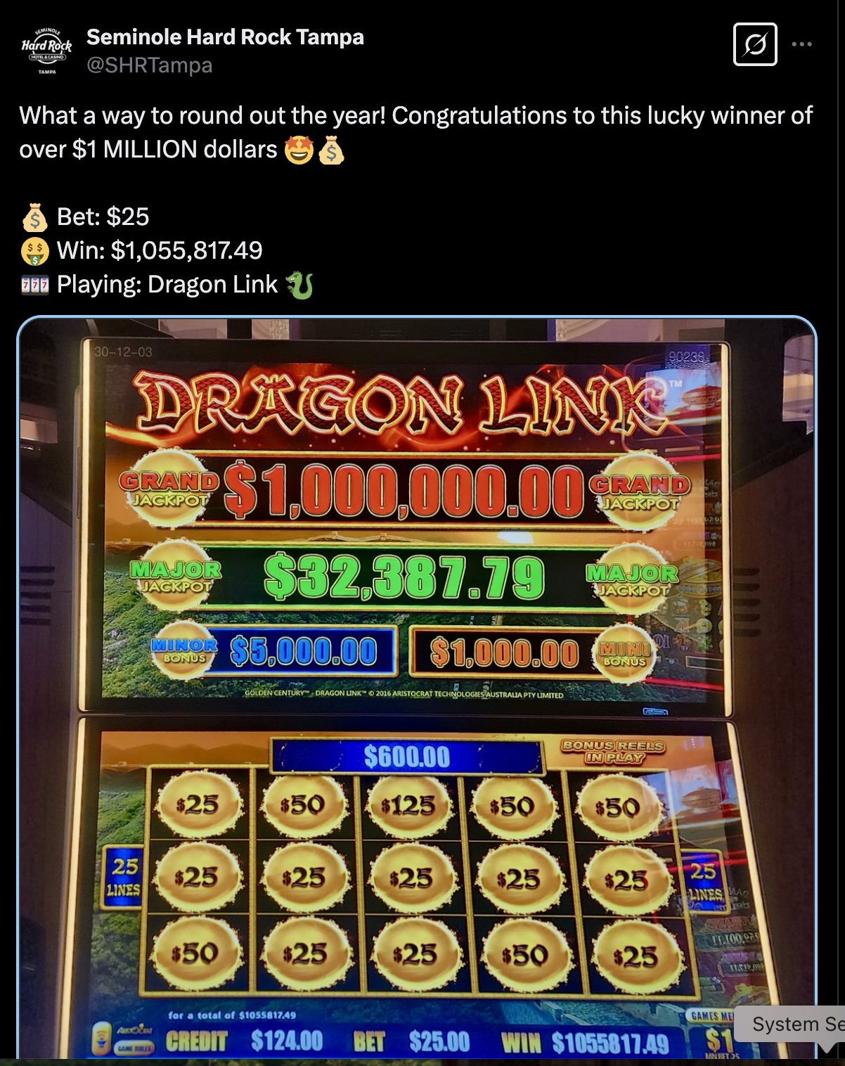 a large progressive jackpot was paid out on a dragon link slot machine at hard rock seminole tampa casino on a $25 bet.