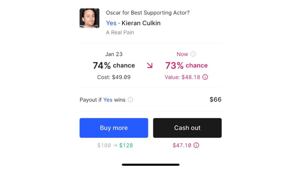 kalshi live trading example with kieran caulkin best supporting actor