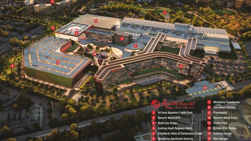 a rendering of the land and how it would be used to build the resorts world casino in new york city