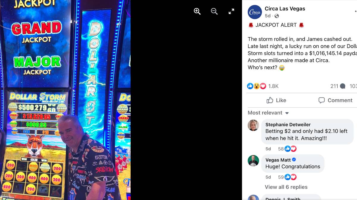 circa casino posted a picture of a man named James who won a casino jackpot (slots) of over $1 million on a dollar storm machine.