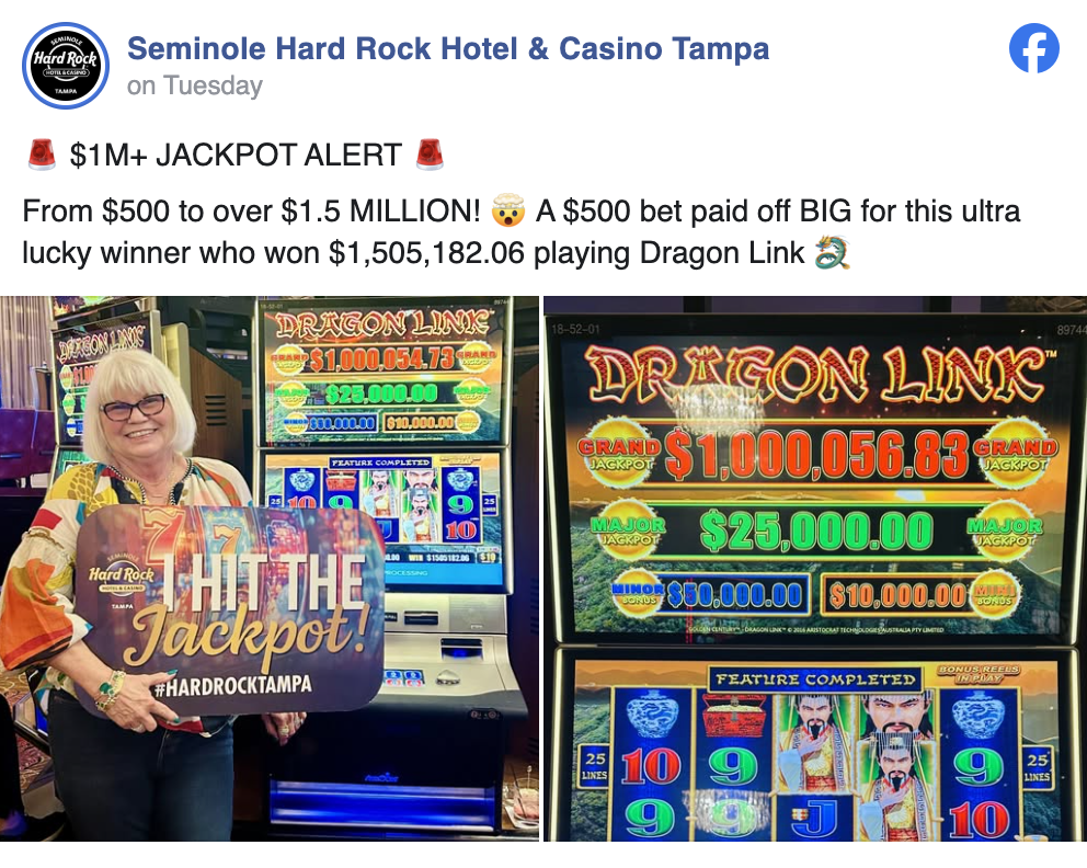 a woman in florida hit a massive jackpot on a dragon link slot machine with one $500 bet at the hard rock seminole tampa casino,