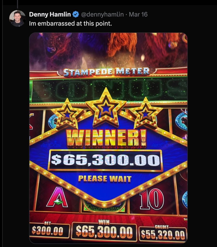 before he raced at the las vegas motor speedway nascar driver denny hamlin hit three casino jackpots, including one for over $65,000.