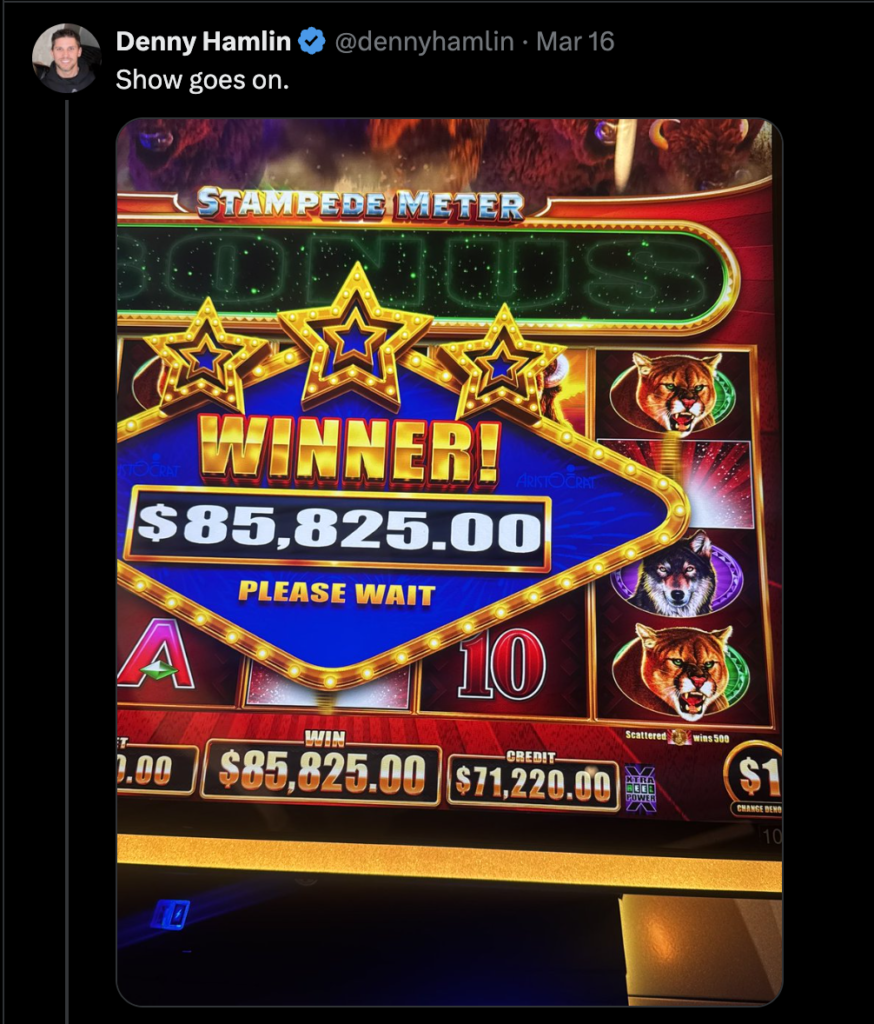 nascar driver denny hamlin won a casino jackpot worth over $85,000, on top of two others in las vegas while waiting to race in the Pennzoil 400.