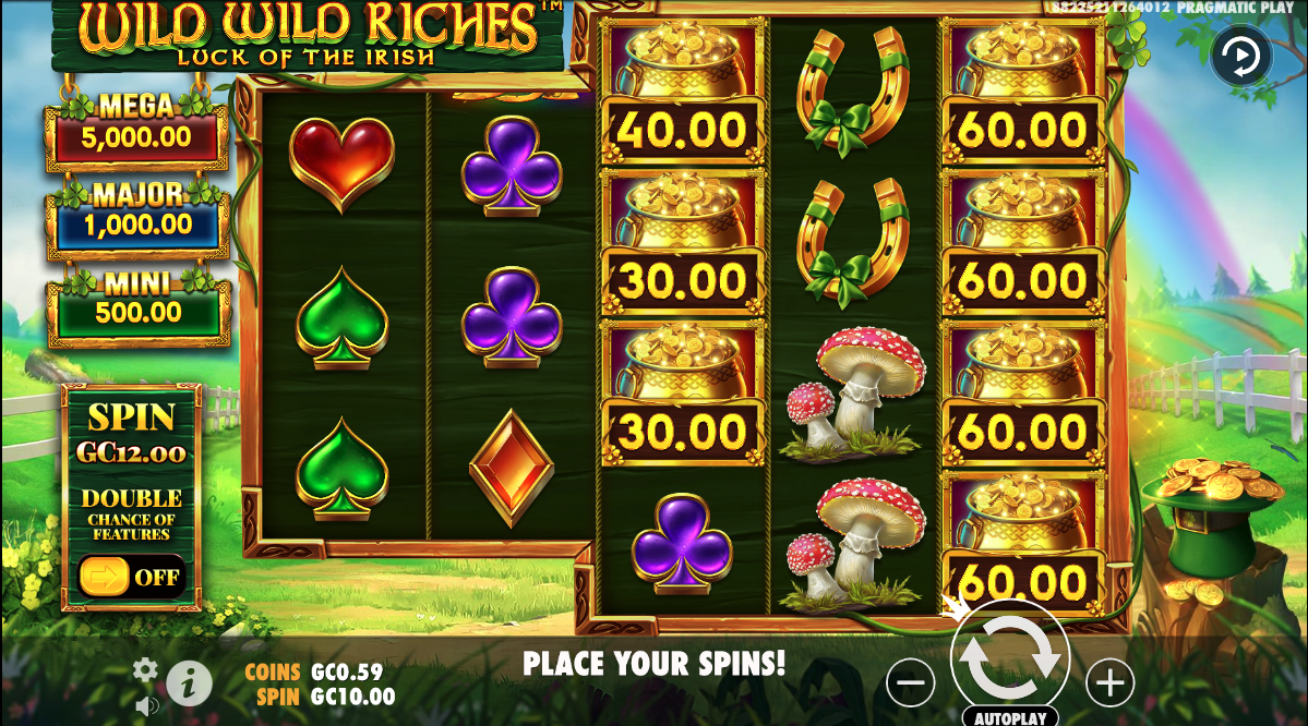 Wild Wild Riches: Luck of the Irish slot game interface.