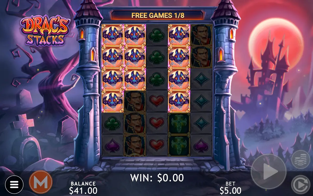 Drac's Stacks Bat symbols in the Free Game Bonus Round.
