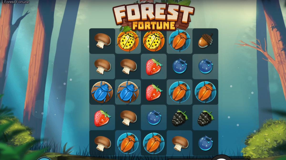 The Forest Fortune sweepstakes casino slot machine has a grid of beetles, berries, and mushrooms take you along the path to winning clusters, helped by a wild leaf symbol.